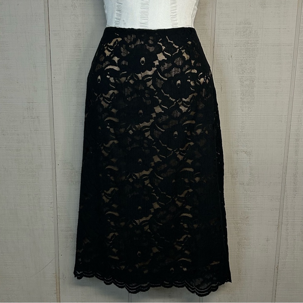 New York & Co Womens Lace Midi Skirt Size 12 Zip Floral Lined Black Coquette